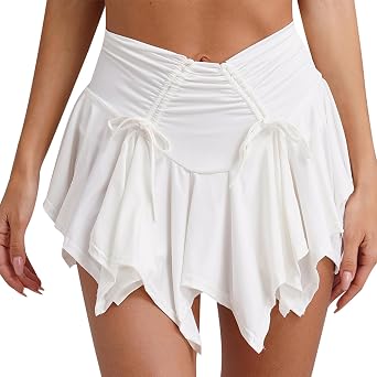 Womens Asymmetrical Hem Mini Skirt Ruffle Y2k E-Girl Low Waist Tie-up Skirt for Club Party