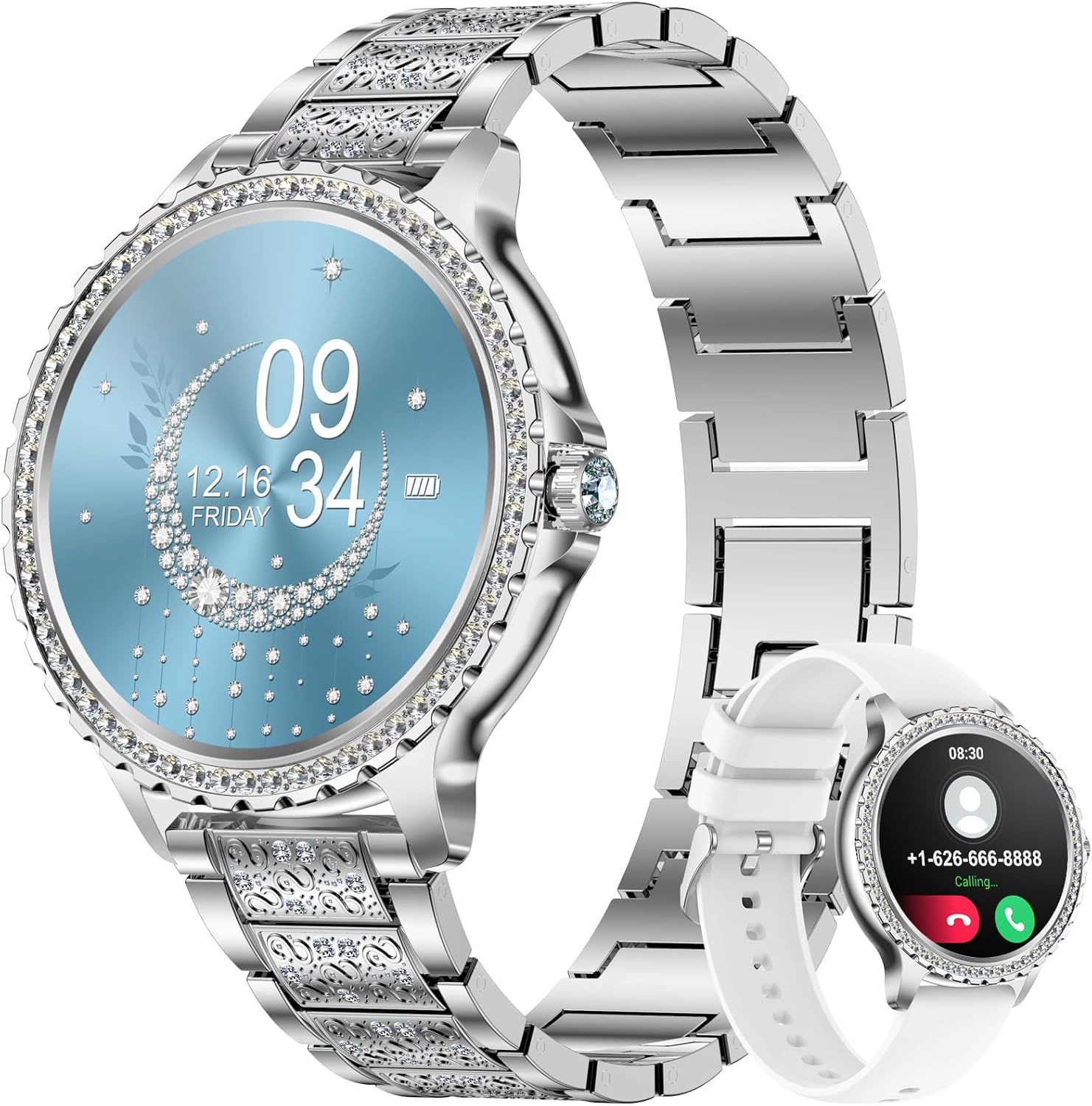 LIGE Smart Watch with silver band and blue watch face, alongside a white band version.