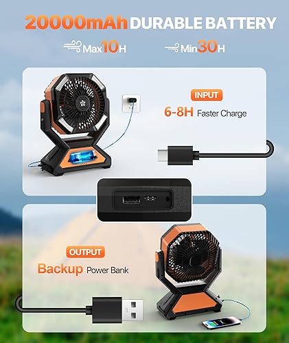 Miniatura 4 de Ventilador recargable portátil para tiendas de campaña, 20000 mAh, funciona con pilas, luces de campamento con gancho remoto, 4 temporizadores4