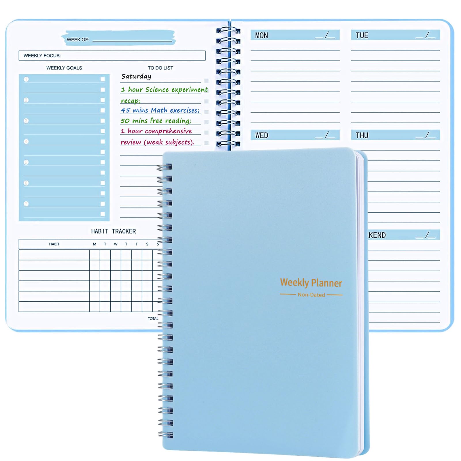 Undated Weekly Planner with Goal & Habit Tracker Notebook, Small A5 to Do List Week Planners Spiral Binding Personal Goal Journal Non Dated Weekly Planner Simple Agenda Planners for Work Kids School
