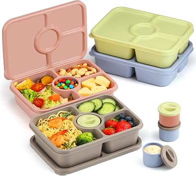 Bento Snack Box Containers, Reusable Meal Prep Lunch Containers for Adults Kids, Stackable Bento Snack Box 4 Pack, Divided Lunchable Food Storage Containers with Sauce Container, Earthy Brown