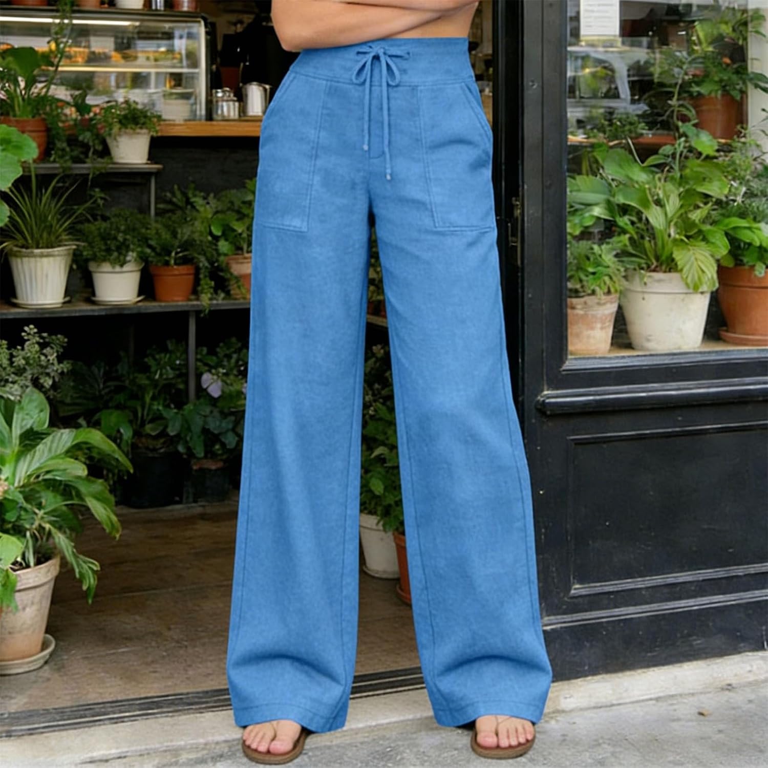Womens Casual Pants Wide Leg Palazzo Flowy Summer Pants Beach Office Vacation Pant Travel Trousers with Pockets