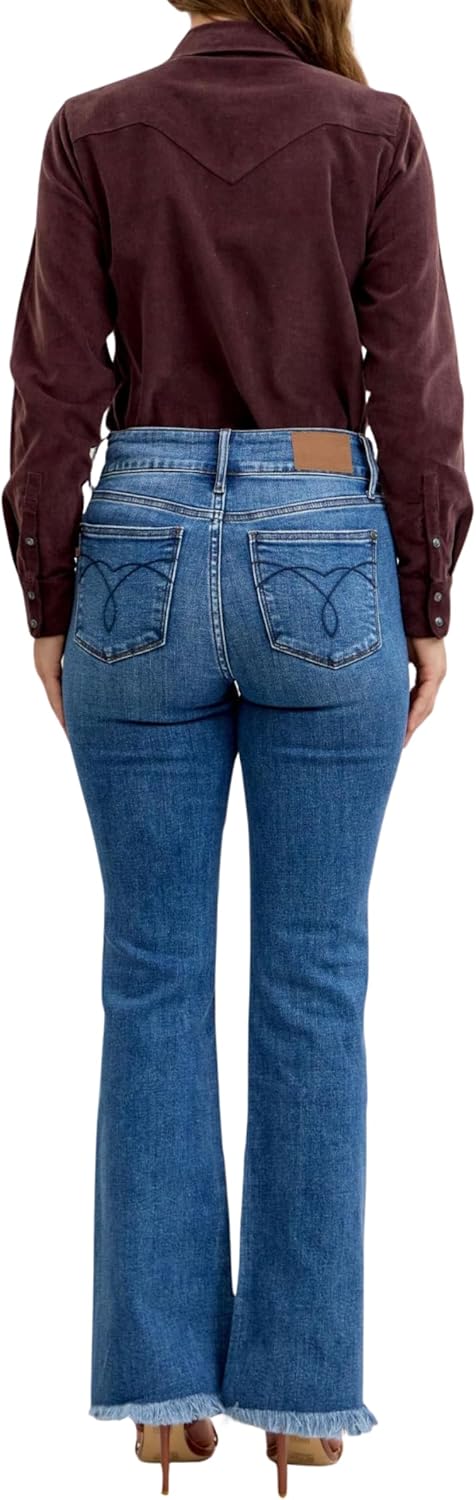 Judy Blue レディース ハイウエスト ブーツカットジーンズ &ndash; ダブルボタンWB、ほつれ裾、ストレッチデニム、股下81.3