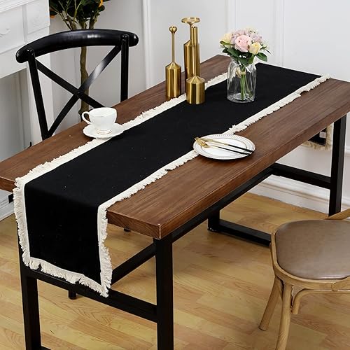 Miniatura 2 de LOHUT Camino de mesa de lino negro con borla camino de mesa para mesa de centro y comedor 12 x 108 pulgadas