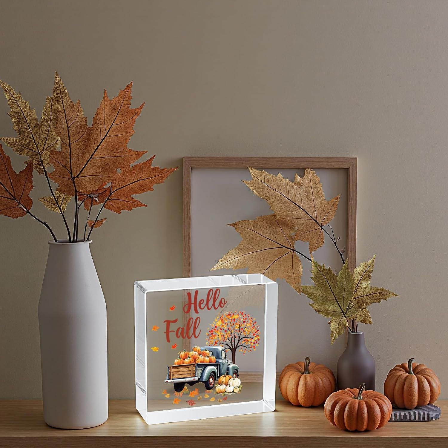 Fall Decorations for Home Fall Decor Home Room Pumpkins Acrylic Truck Table Sign Rustic Shelf Desk Office Decor Season Sign Thanksgiving House Warming Gifts 4.5 x 4.5 Inch