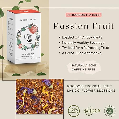 Miniatura 4 de Rooibos - Fruta de la pasión y mango, bolsas de té, alternativa de jugo saludable, sin cafeína, caliente y helado, 16 tazas. The Spice Hut, primer