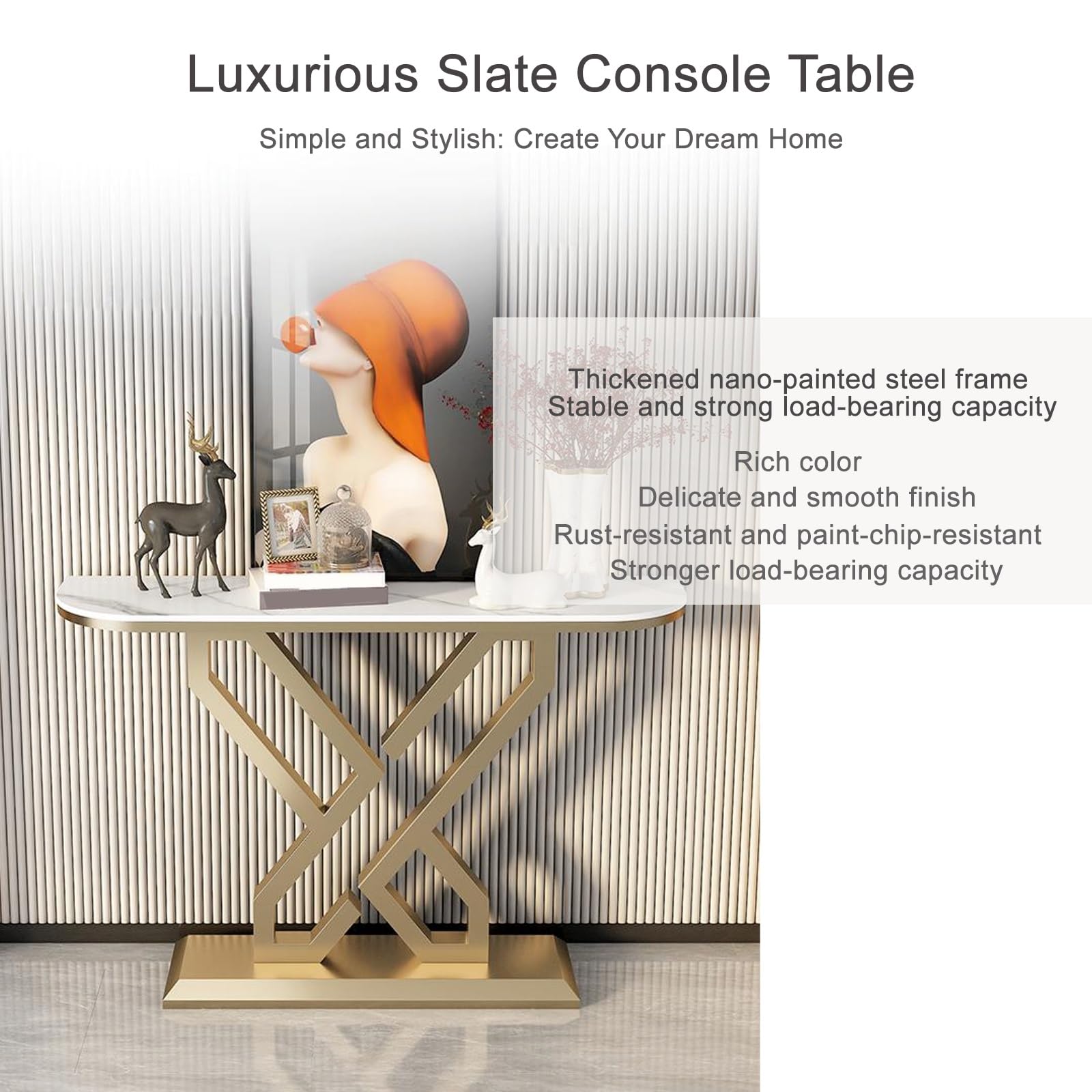 Tavolo Consolle Ingresso da Divano con Struttura in Metallo Sagomato, Consolle Stretta in Marmo, Stile Moderno, Adatto A Soggiorni, Ingressi E Corridoi(Gold1,100cm/11.8in)