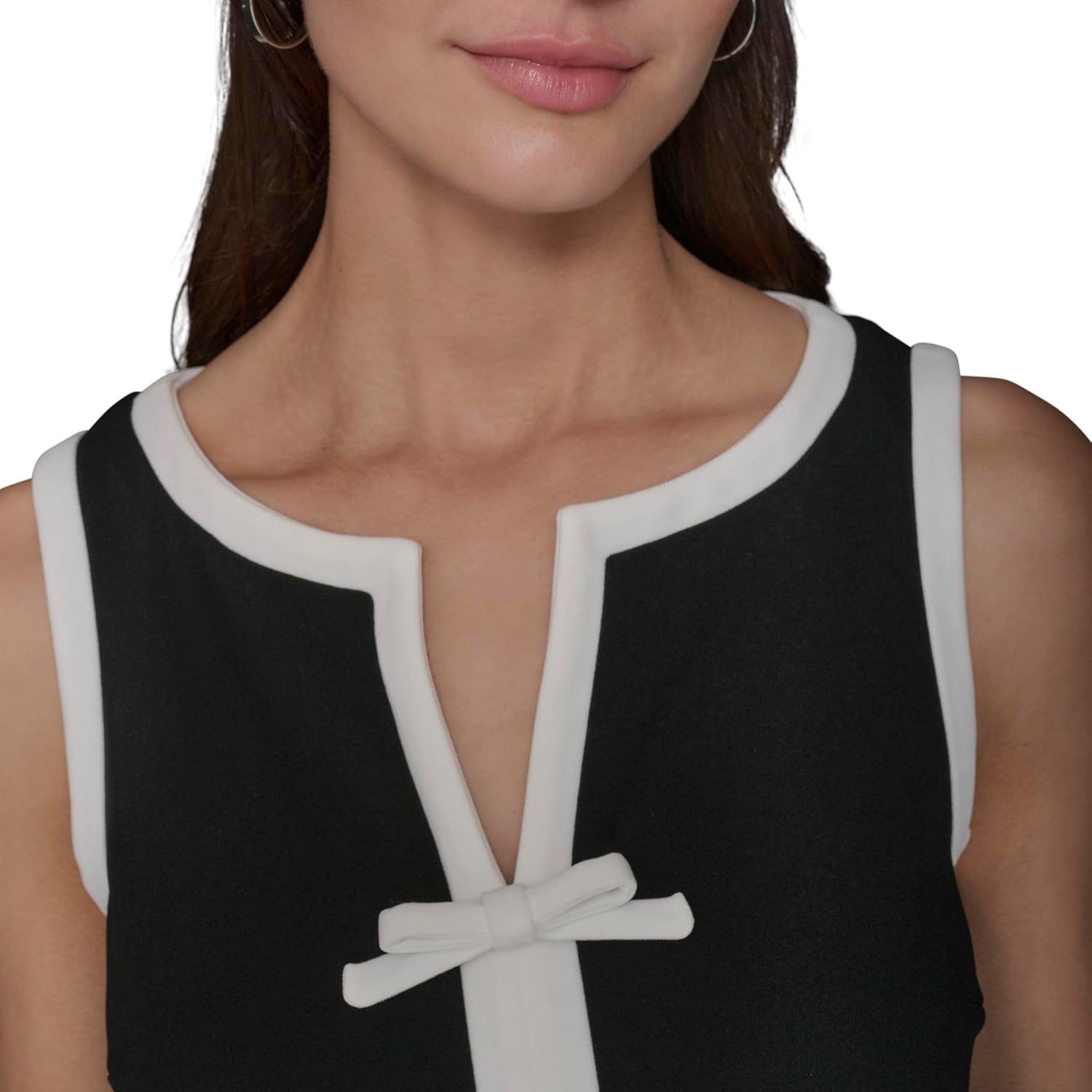 Karl Lagerfeld Womens Sleeveless Split Neck Contrast Trim A-line Mini Dress with Bow Detail - Image 5