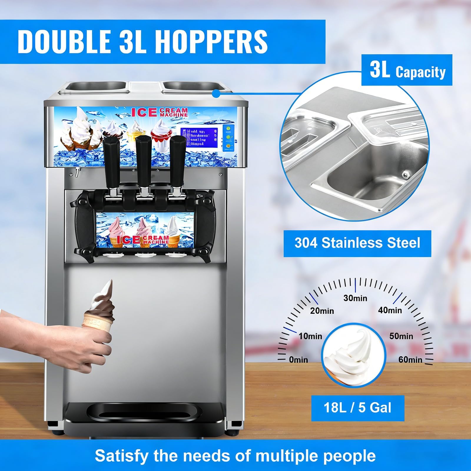 1200W Macchina per Gelato Commerciale 18L(5Gal)/h Professionale Soft Ice Cream Maker a 3 Gusti Macchina per Gelato Funzione di pre-raffreddamento Macchine per Yogurt Gelati per Snack Bar Ristorante