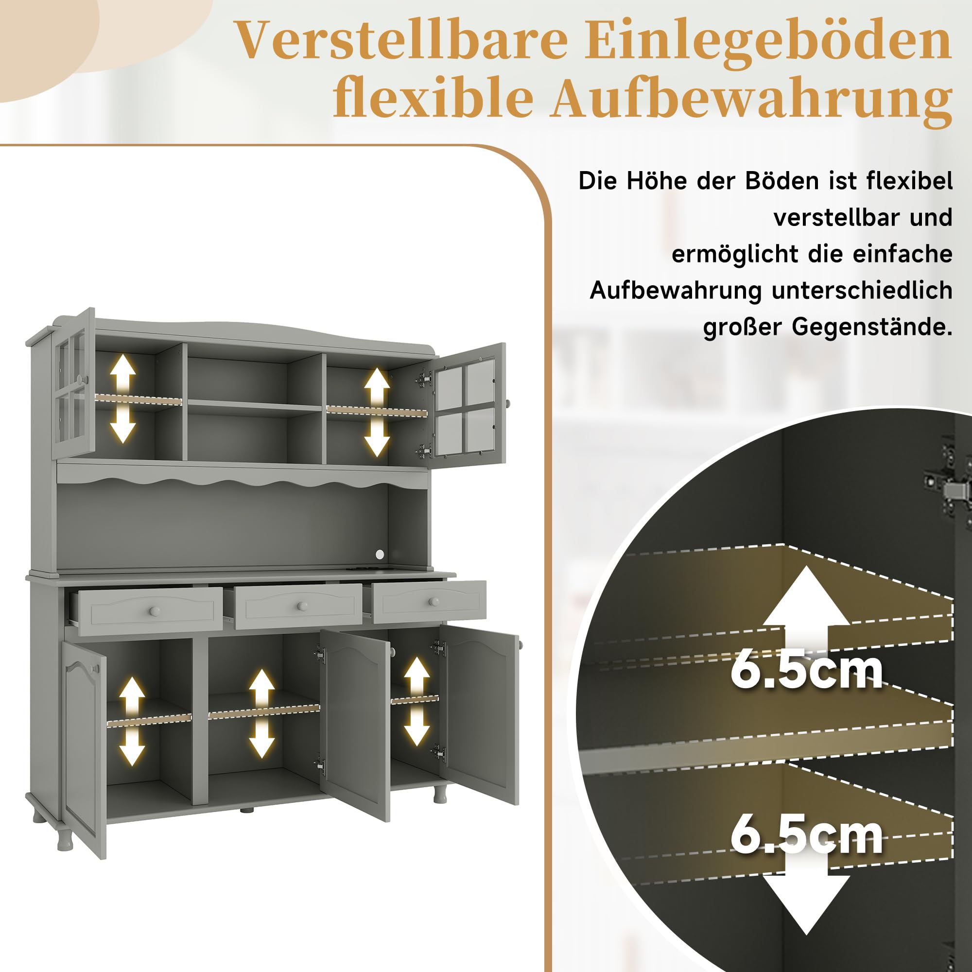 Kebnor Armadietto alto per buffet, sala da pranzo, 135 x 40 x 185 cm, spazio di archiviazione multilivello, presa integrata e porte USB-C e USB-A, strisce LED colorate, grigio verde