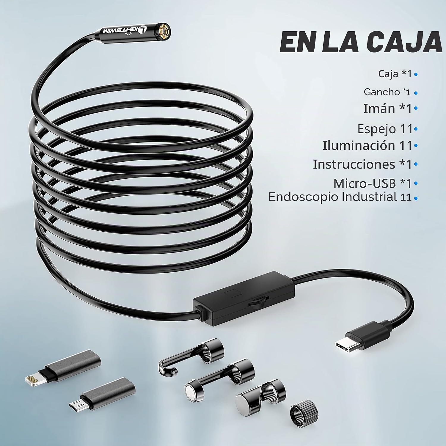 Image showing the Lightswim TENG-W400-ONE Endoscopic Inspection Camera and its included accessories: USB-C cable, Micro-USB adapter, Lightning adapter, hook, magnet, and mirror attachments.