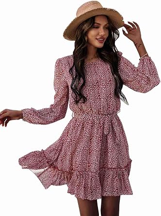Womens Summer Casual Scoop Neck Floral Printed Ruffle Layer Waist Tie Mini Dress with Long Sleeves