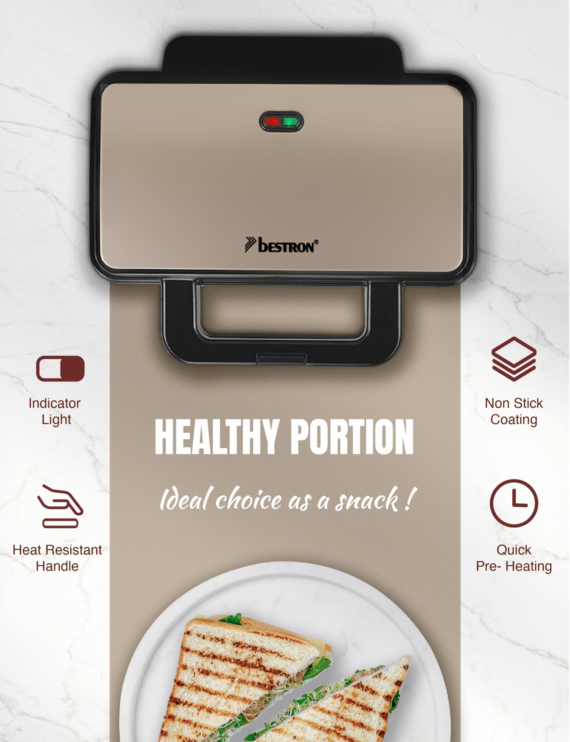 Tostapane Per Sandwich Bestron XL | Doppio Sandwich A Conchiglia | 900W | Antiaderente | Beige - Foto 9