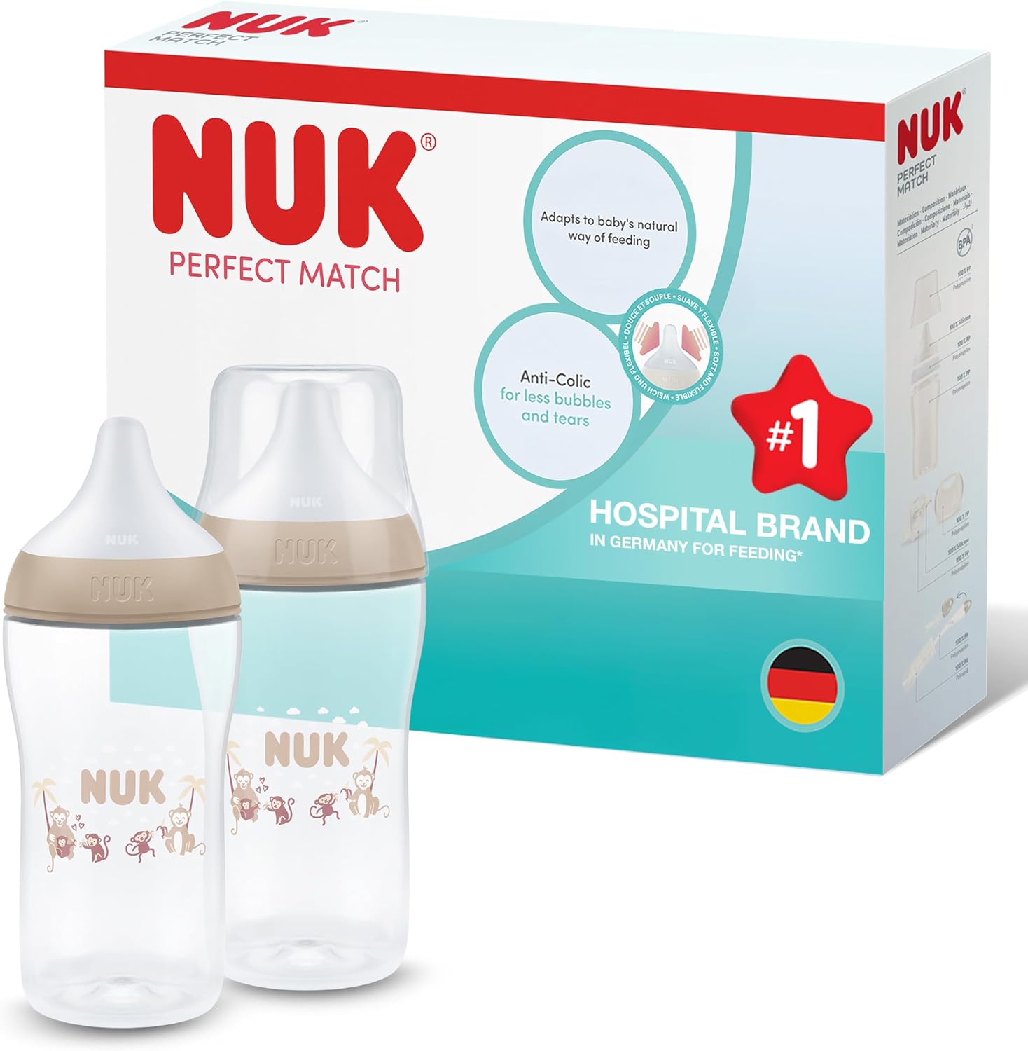 NUK Perfect Match Baby Bottle | 3+ Months | 260ml | Anti Colic Feeding Bottle | PP | Temperature Control Indicator | Monkey | 2 Count