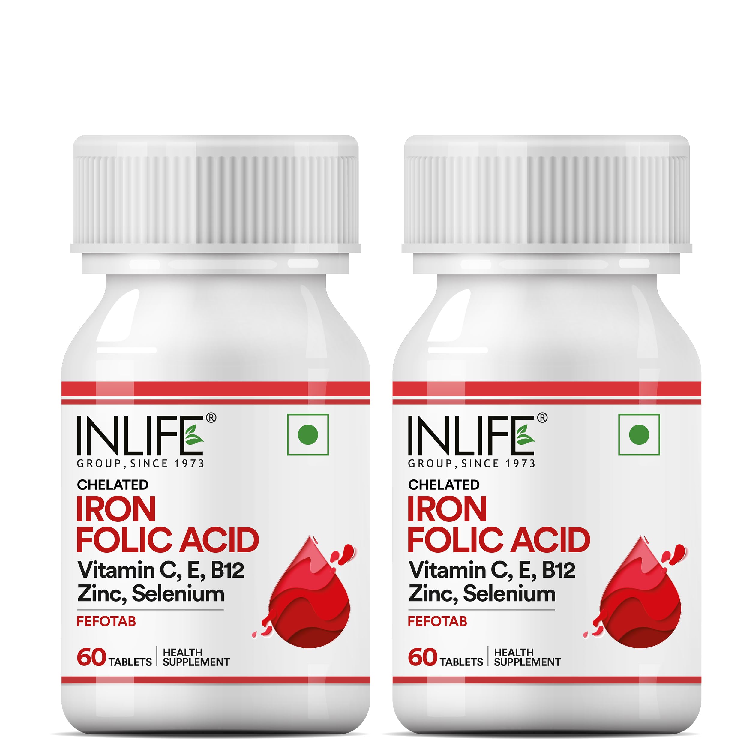 INLIFE Chelated Iron Folic Acid Supplement with Vitamin C, E, B12, Zinc & Selenium for Men Women - 60 Tablets (Pack of 2)