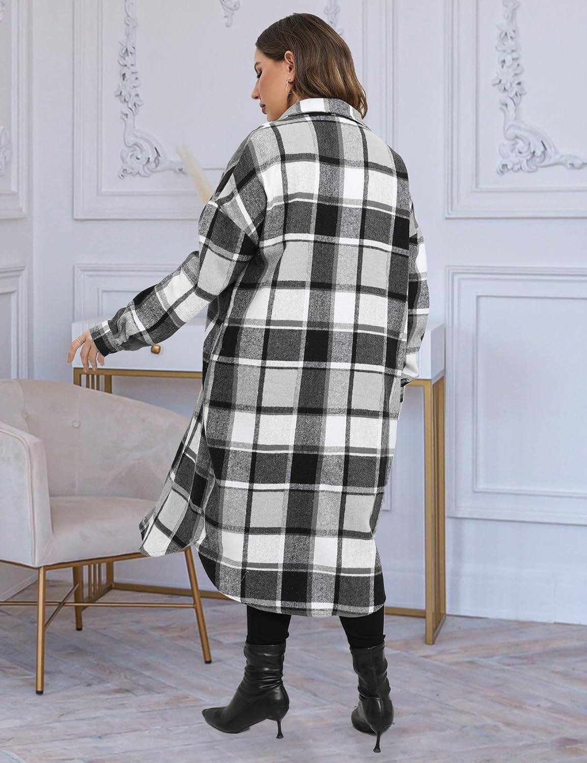 CYCLAMEN 2024 Women's Plus Size 1X-5X Long Flannel Plaid Shacket Jacket Calf-Length Button Down Coat Shirt Pocket Fall Winter - Image 2