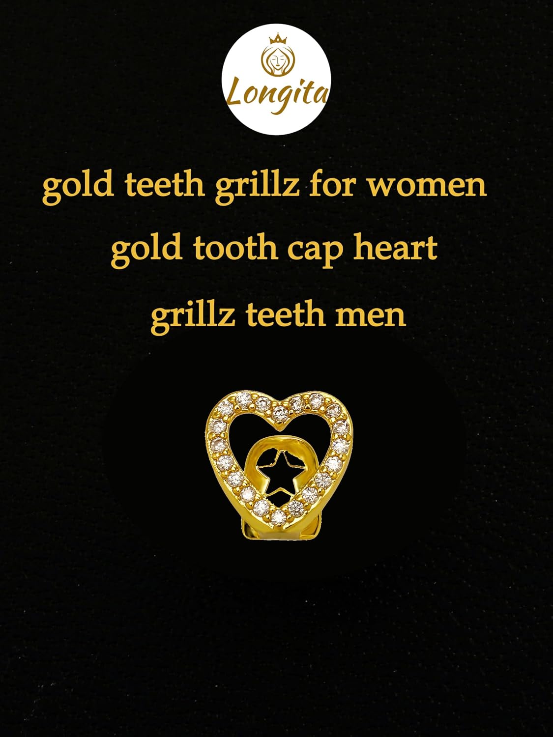 Longita Heart Gold Teeth Grillz for Women Grills for Your Teeth Men Gold Tooth Cap Grillz for Women Golden Tooth Jewelry Mouth Grills Rhinestone Hip Hop 90s Outfits Custom Accessory Halloween Party