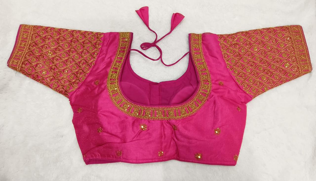 Pujia Mills Women's Readymade Blouse Embroidery Multi Coding Gold Thread Indian Ethnic Designer Stitched Half Sleeve Women's Readymade Pink Color Saree Blouse For Women For Saree Lehenga Choli