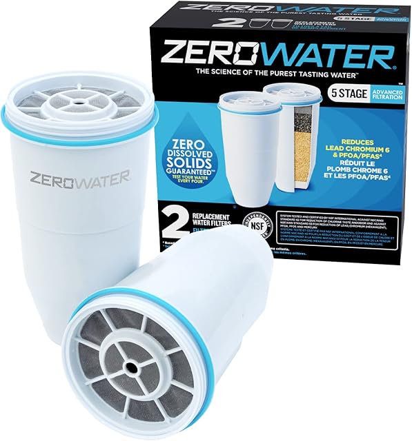 ZeroWater Official Replacement Filter - 5-Stage Filter Replacement 0 TDS for Improved Tap Water Taste - System NSF Certified to Reduce Lead, Chromium, and PFOA/PFOS, 2-Pack