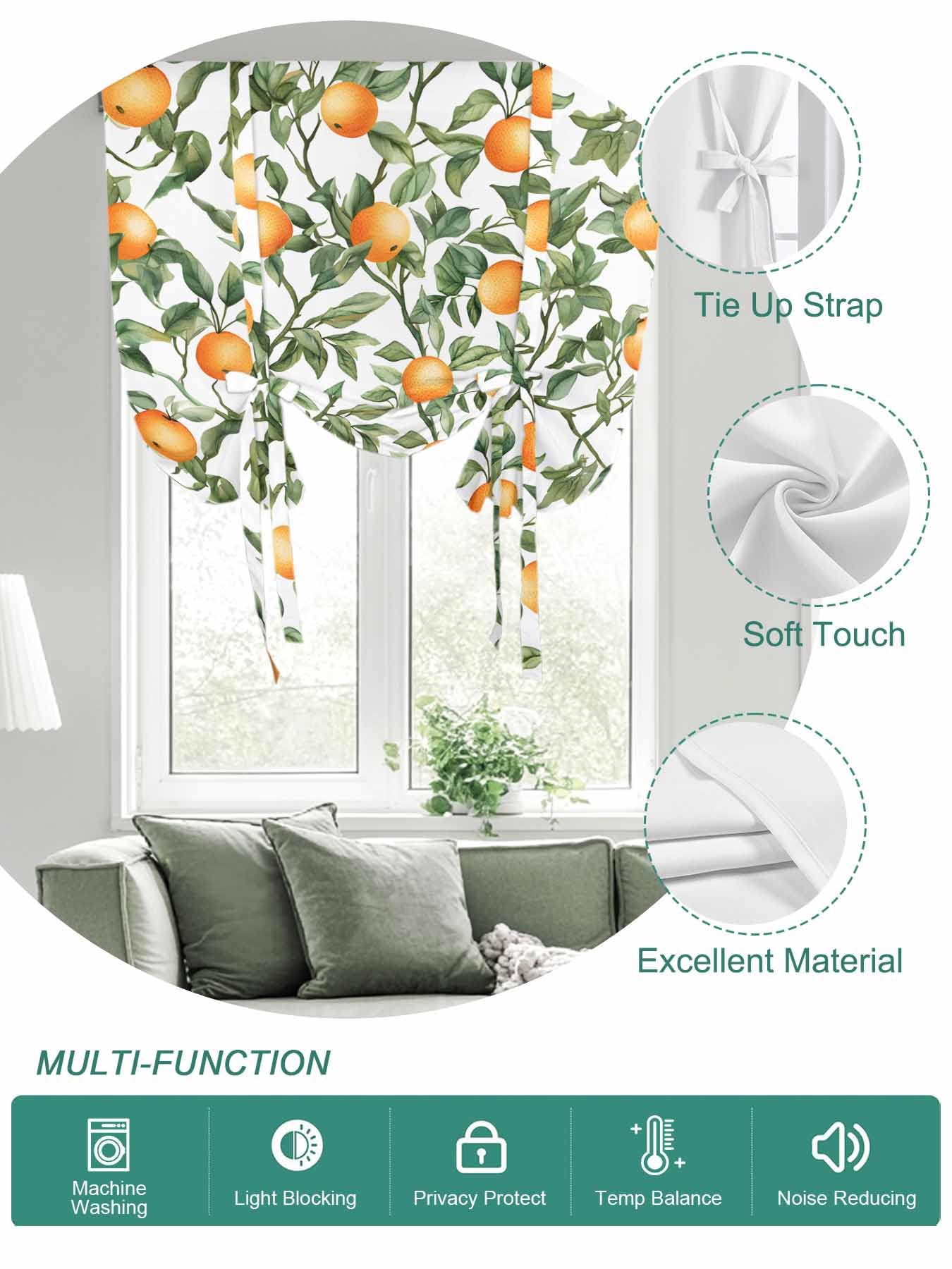 Tie Up Curtains for Windows Summer Orange Green Leaves Roman Shade 52 x 45 Inch Bathroom Curtains Window Farmhouse Botanical Rod Pocket Short Balloon Curtain for Living Room Kitchen Small Blinds