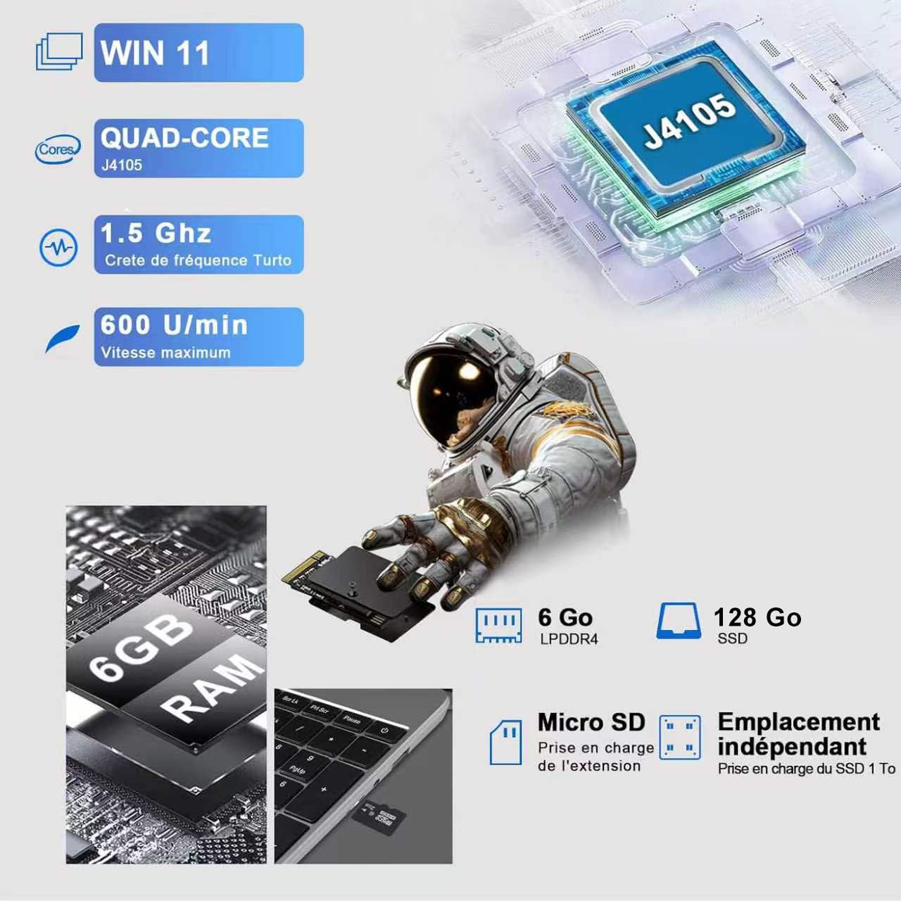 Ordinateur PC portable 15.6 pouces 6+128Go Win11 Celeron N4020 Support 1 To SSD Expansion 2.4G+5G WiFi Bluetooth 4.2 USB HDMI 1920 x 1080 FHD avec souris sans fil & Membrane de clavier AZERTY - Argent