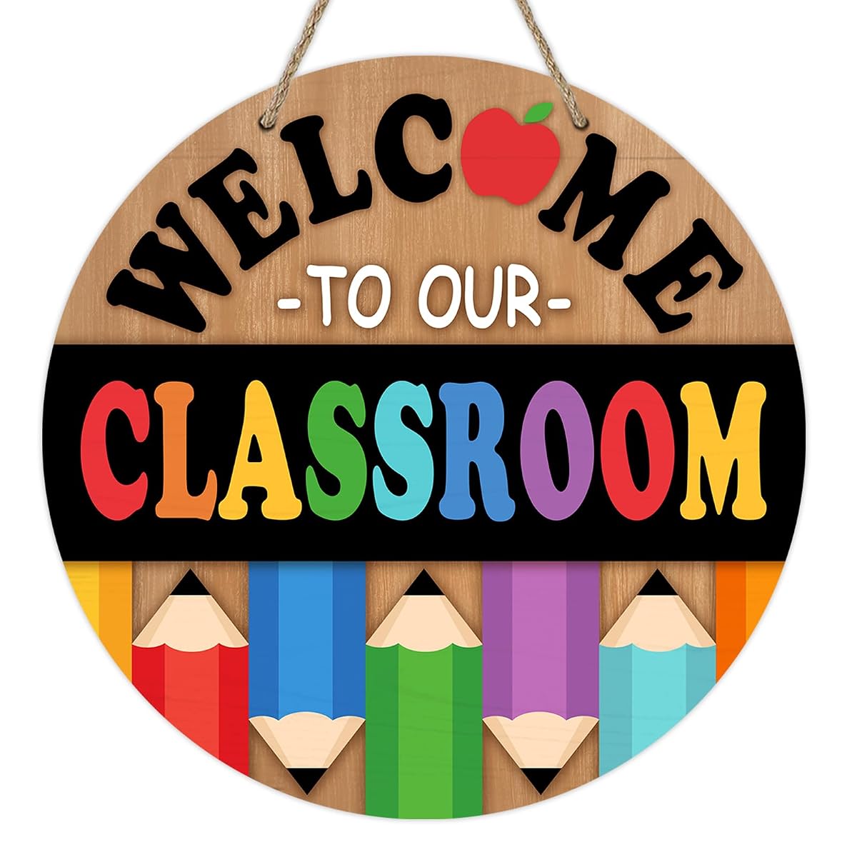 Deroro Welcome to Our Classroom Front Door Sign, Colorful Pencil Apple Wood