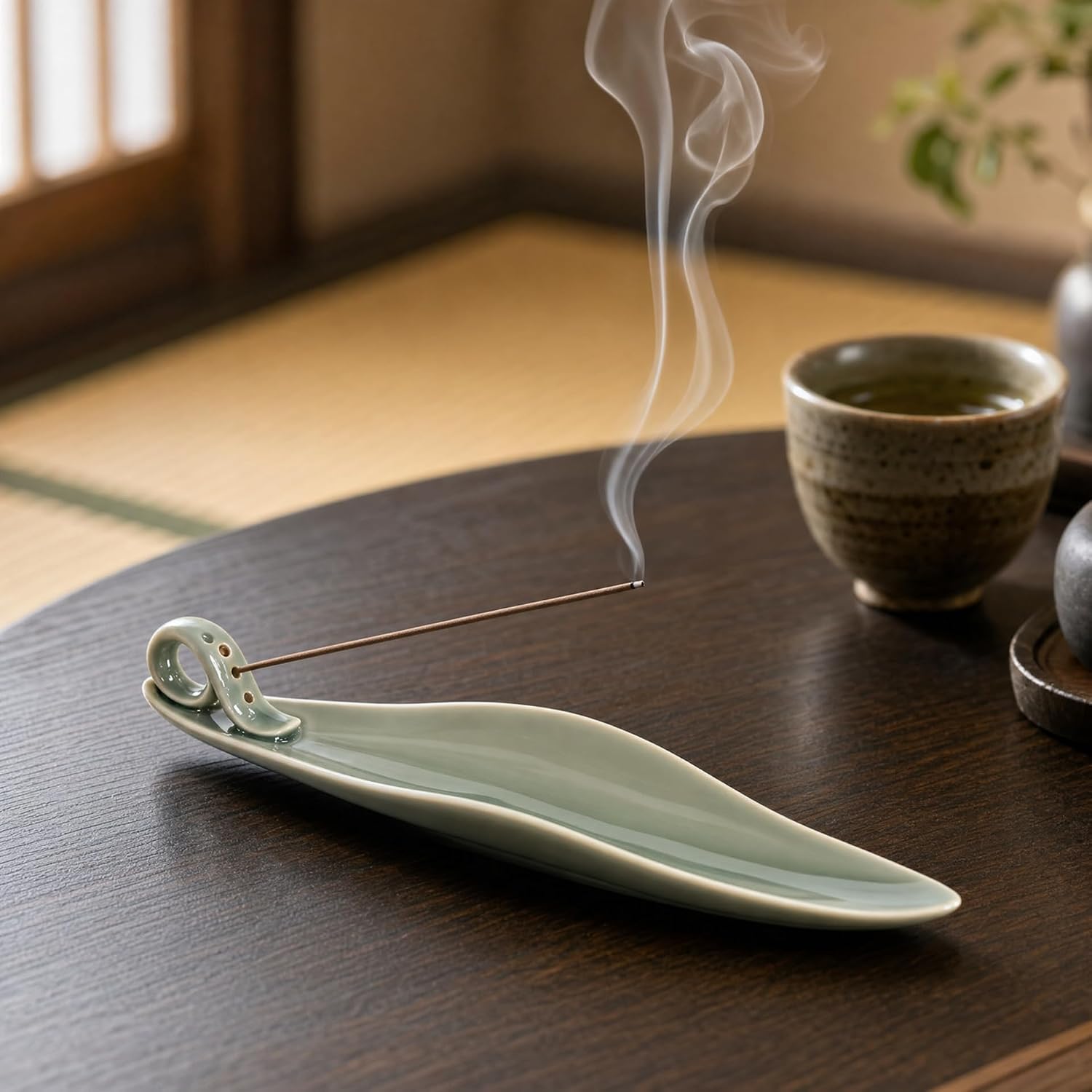 Celadon Leaf Incense Holder - Zero-Mess Ash Catcher, Precision 3-Hole, Premium Porcelain Incense Stick Holder for Meditation, Yoga & Home Decor