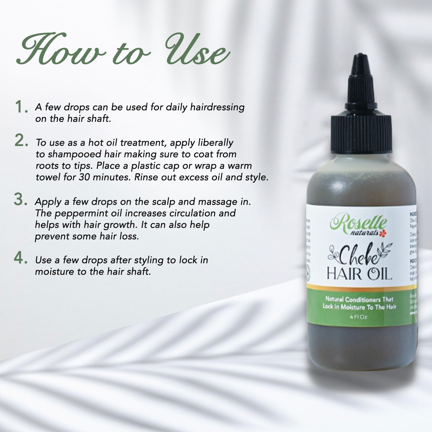 Roselle Naturals Chebe Oil for Hair Growth Made in USA - Chebe Powder Hair Oils for Hair Growth, Chebe Hair Oil, Chebe Hair Growth Oil, Chebe Hair Grease for Stronger, Longer Hair, 4 oz