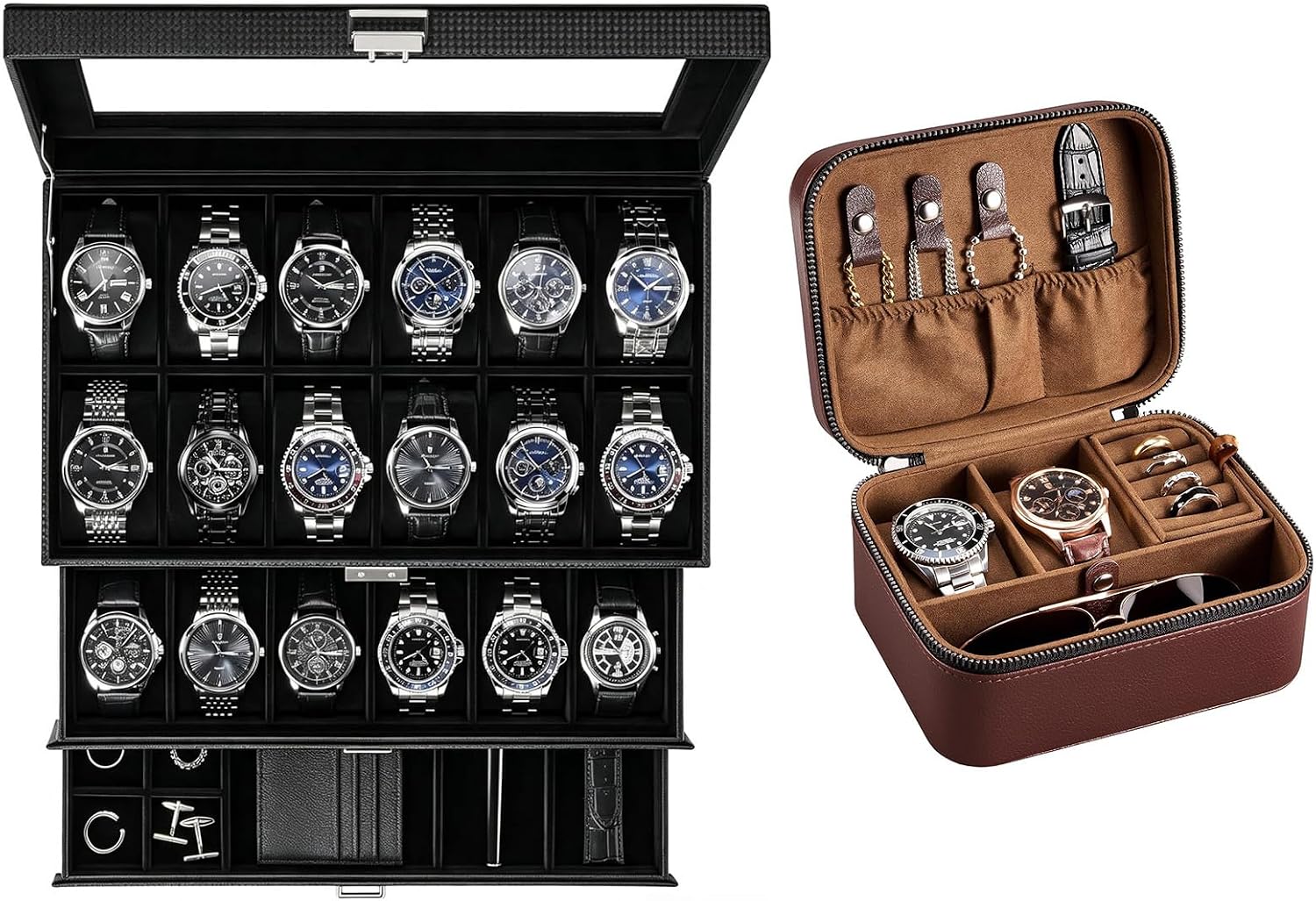 Lolalet Black 24 Slot Watch Box and Brown 2 Slot Travel Watch Case Bundle, 3 Layer Storage with Drawer, Glass Lid, PU Outer, Velvet Lining, Multifunctional Watch and Jewelry Organizer
