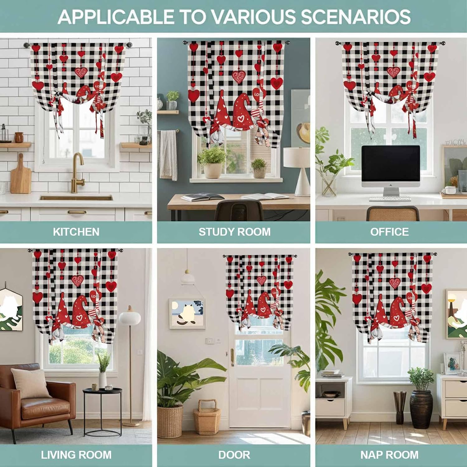 Valentine's Day Tie Up Curtains for Window, Red Gnomes Love Balloon Black White Plaid Thermal Balloon Shade Adjustable Rod Pocket Curtains Valance Panels for Kitchen Bathroom Café 46'' x 63''
