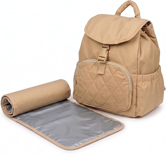 Diaper Bag Backpack for Mom & Dad - Large Baby Bag with Changing Pad & Stroller Straps - Laptop Pocket & Bottle Holder - Polyester, Water-Resistant & Travel Diaper Backpack - Soft Shell - Biege Color