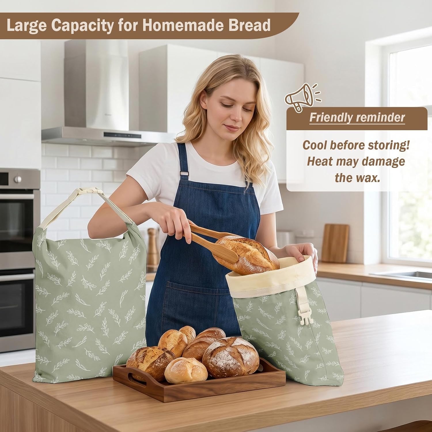 2 Pack Beeswax Bread Bags for Homemade Bread, Leaf Reusable Freezer Safe Sourdough Bread Bags, Roll-Top Buckle Cotton Storage for Artisan Baker, Extra Large 17x13 in