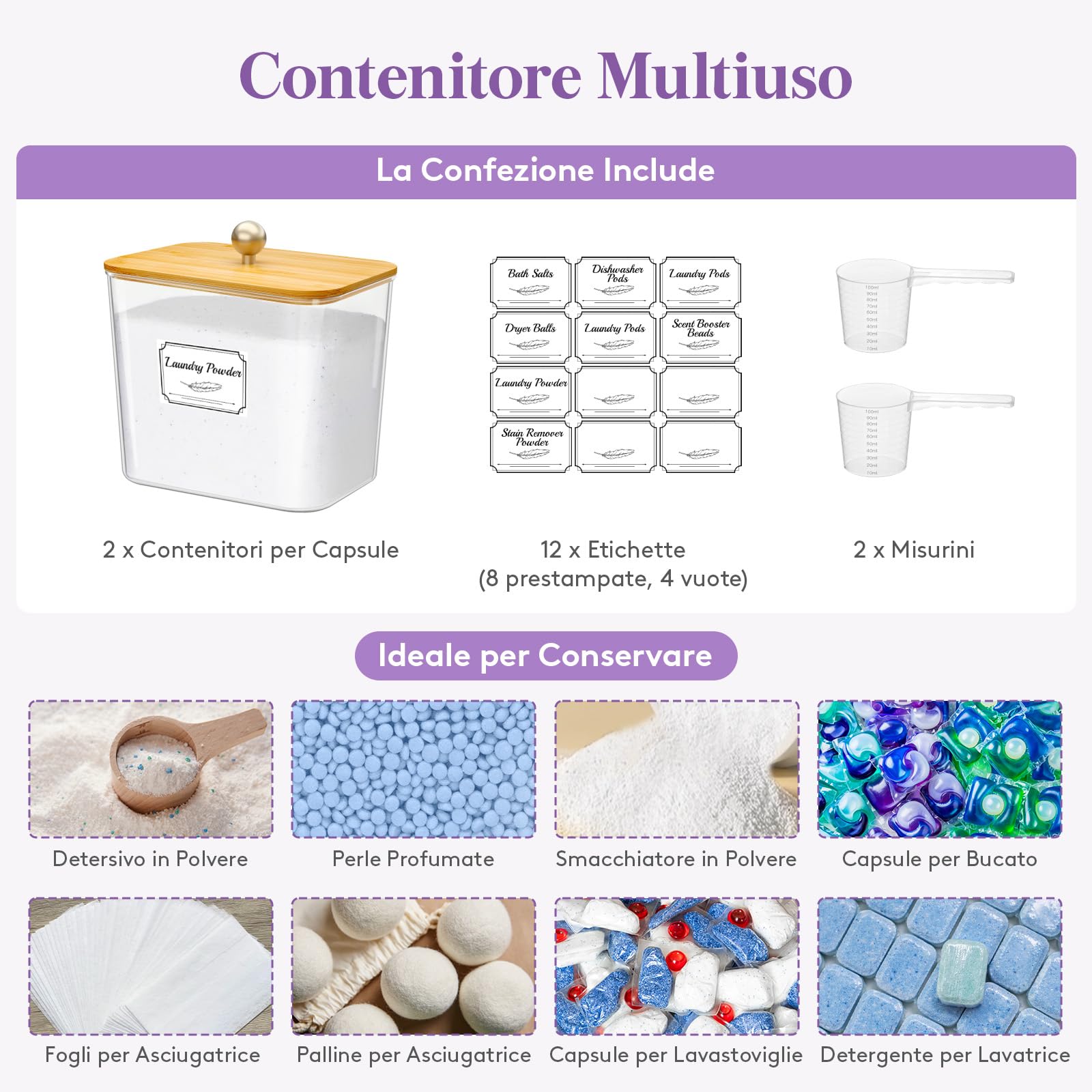 Lifewit 2700 ml Contenitore Detersivo Polvere Con Coperchio in Bambù, Dispenser Detersivo Lavatrice in Plastica, Dosatore Detersivos Lavatrice con Etichette e Cucchiai, Barattoli, Naturale, Set di 2