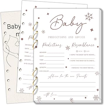 Winter Baby Predictions and Advice Card, Boho Baby Shower Gender Reveal Games Cards for Boy or Girl, Advice & Wishes for the New Parents, 30 Gender Neutral Cards with Gold Buckle Rings 5x7 inch