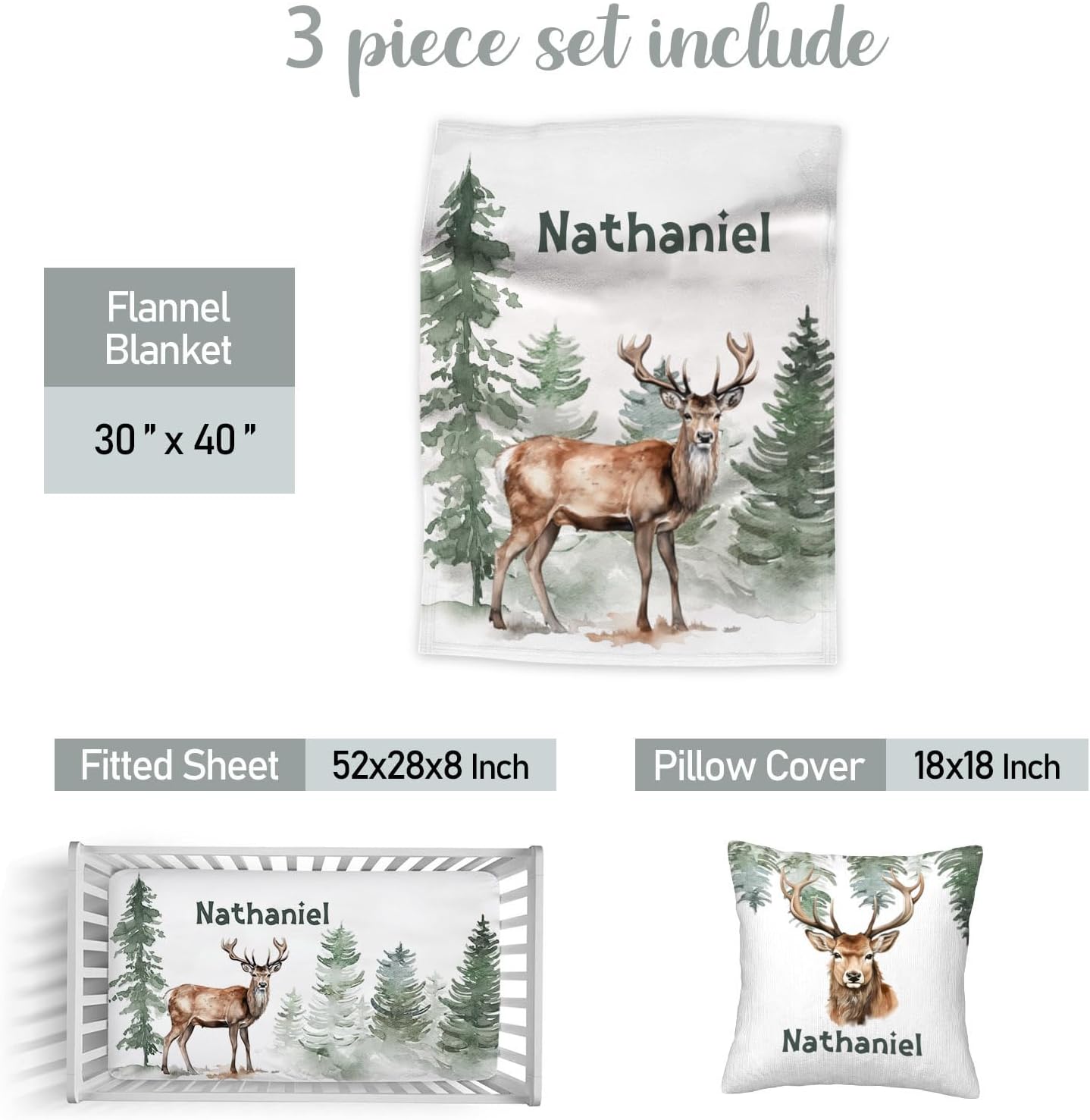 Baby Boy Crib Bedding Sets Personalized with Name – Custom 3-Piece Nursery Set, Woodland Deer Flannel Blanket, Crib Fitted Sheet & Pillowcase – Baby Newborn Infant Toddler Shower Gift
