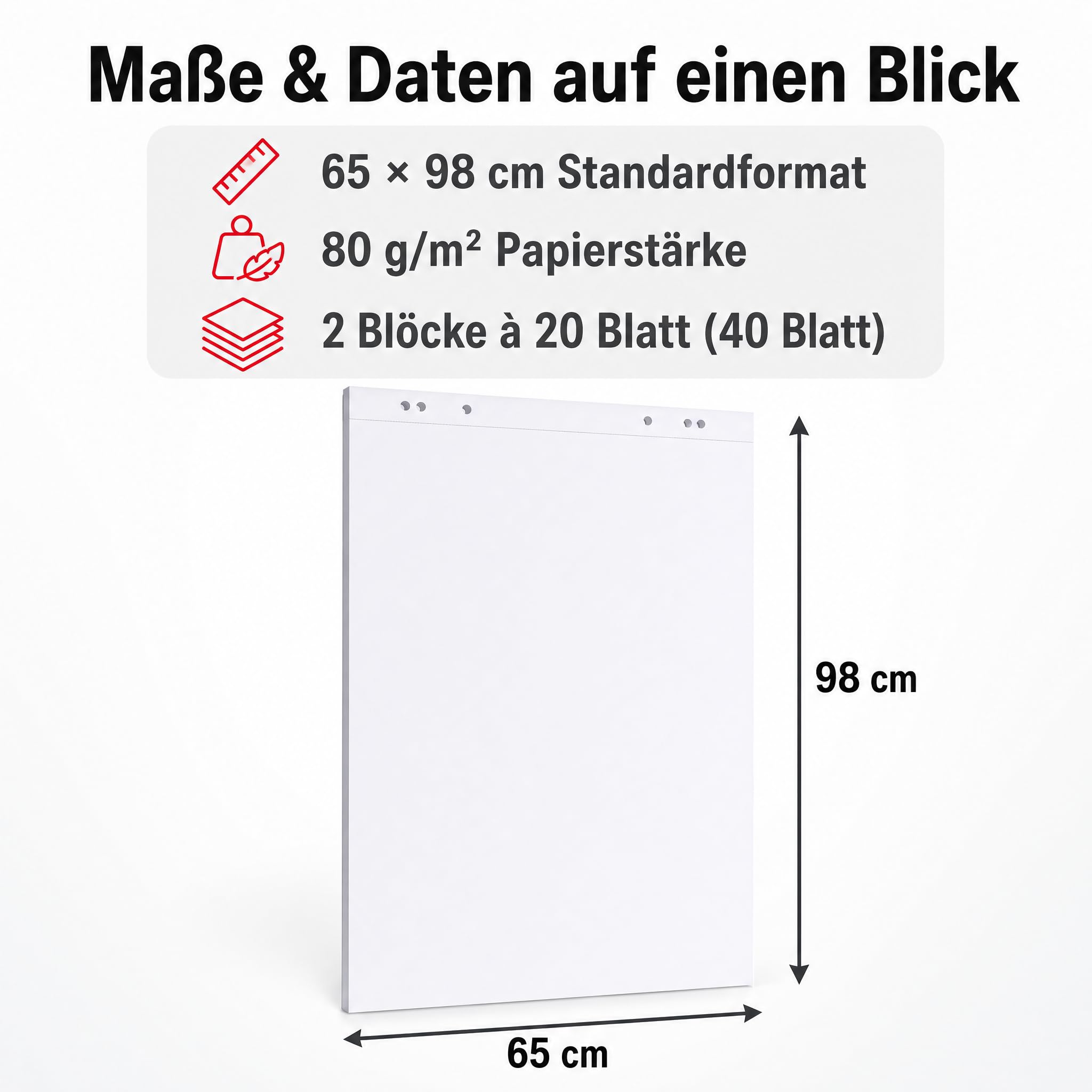 Conipa® - 2 x Flipchart Papier Block 65x98 cm weiß (BLANKO) 80 g/qm - 2 Flipchart-Blöcke à 20 Blatt - Whiteboard-Papier für Charts & Meetings (2 Blöcke Blanko)