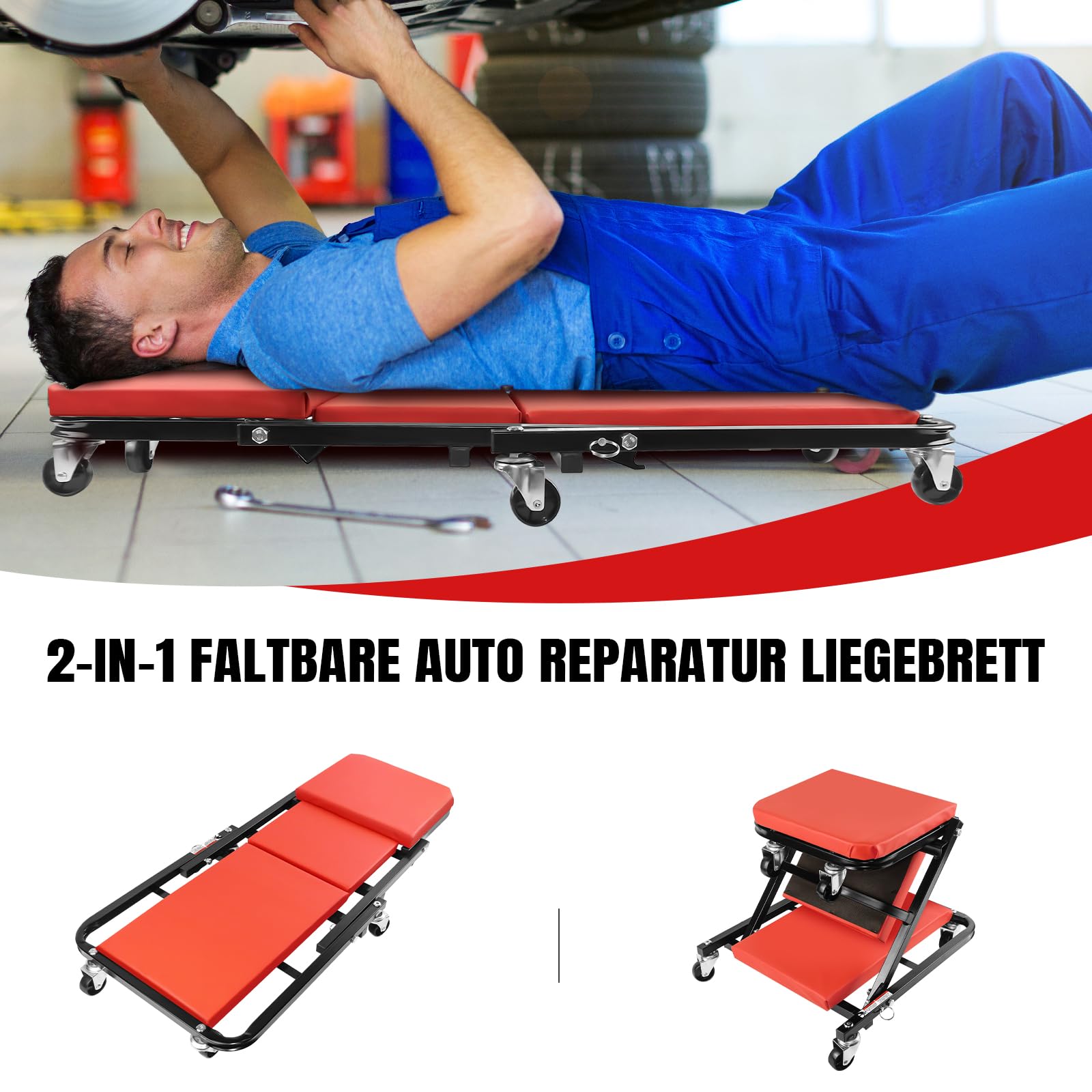 Lucn Taburete acolchado para herramientas mecánico, 6 ruedas, para taller, taller, coche