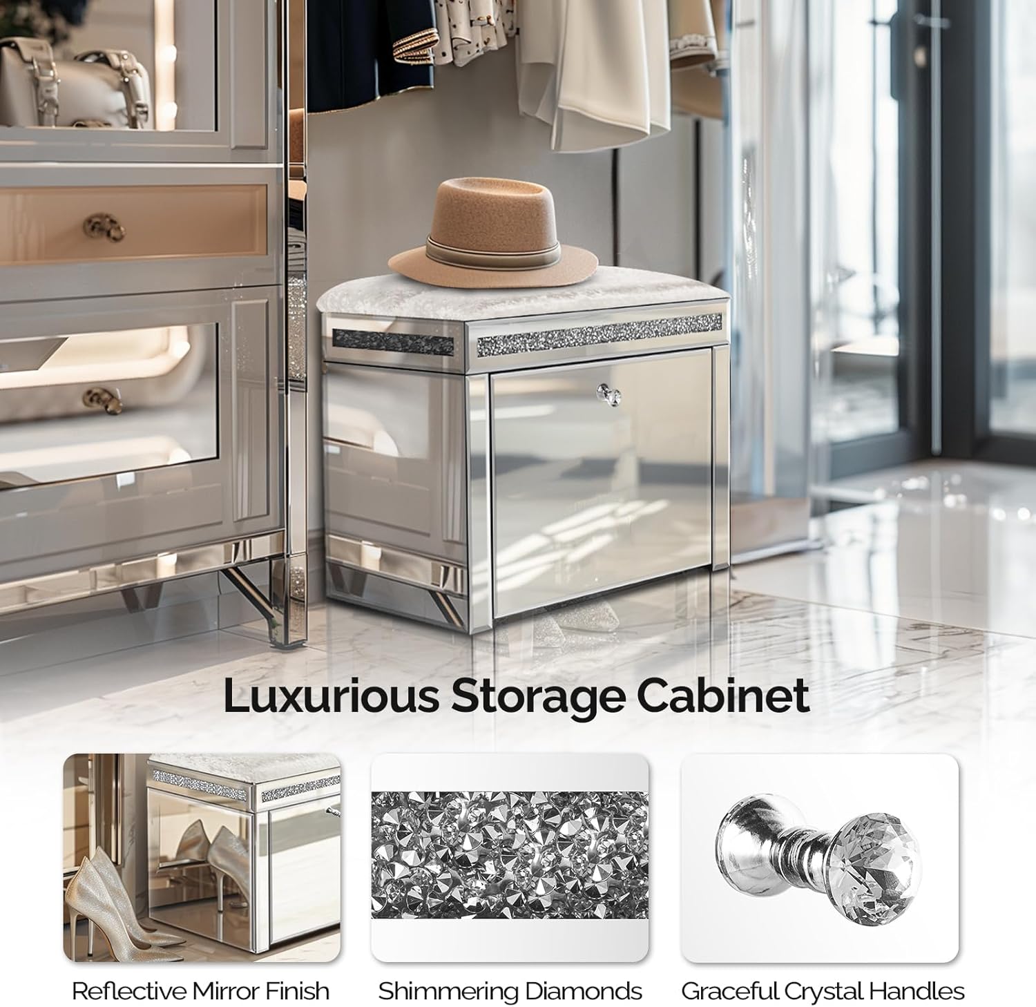 VINGLI Shoe Bench, Pre-Assembled Mirrored Shoe Storage Bench with Flip Drawer, Entryway Bench with Upholstered Velvet Cushion, Modern Bench and Shoe Cabinet, Small Entryway Bench with Crushed Diamond