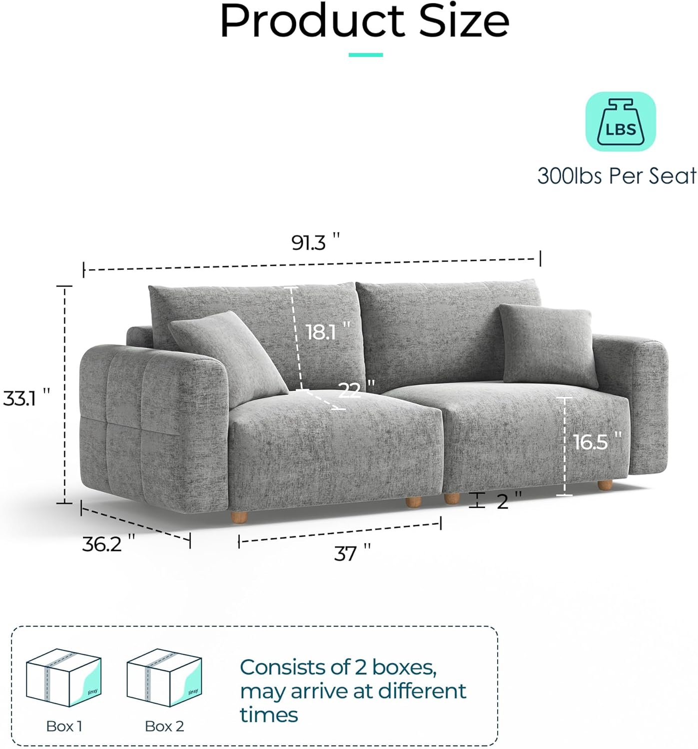 LINSY HOME Cloud Couch Sectional, Modular Sofa Sectionals for Living Room Bedroom, 91" 2 Seater Love Seat Couch, Deep Seat Cozy Couch Luxury Chenille Sofas, Grey