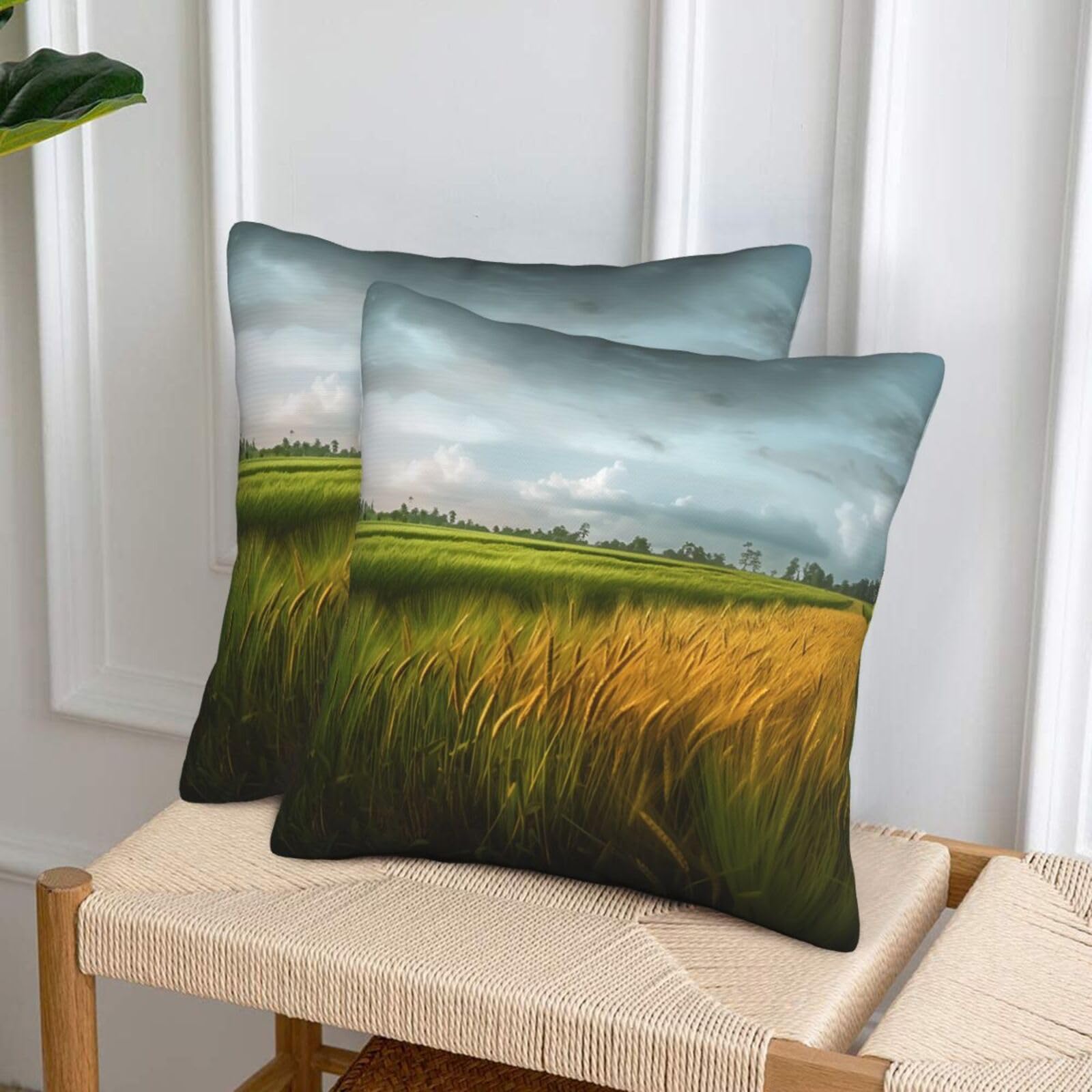 NONHAI Decorative Throw Pillow Covers Set of 2, 20"x20" Square Cushion Case Soft Comfy Paddy Rice Field Throw Pillows for Couch Cushion Livingroom Farmhouse Home Decor Pillowcases