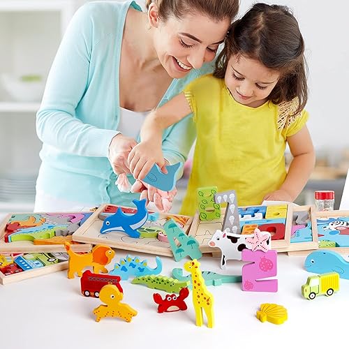 Miniatura 3 de 6 paquetes de vehículos, números de animales, juguetes de clasificación y apilamiento de dinosaurios, bloques de madera y rompecabezas para niños y