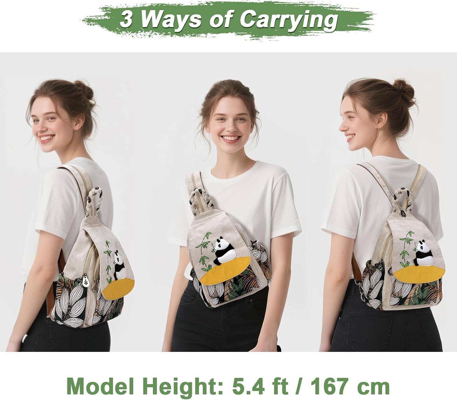 Ladys Convertible Sling Bag, Hand Craft Artisan Purse, Beautiful Canvas Premium Casual Day Mini Backpack for Women (Panda) - Image 3