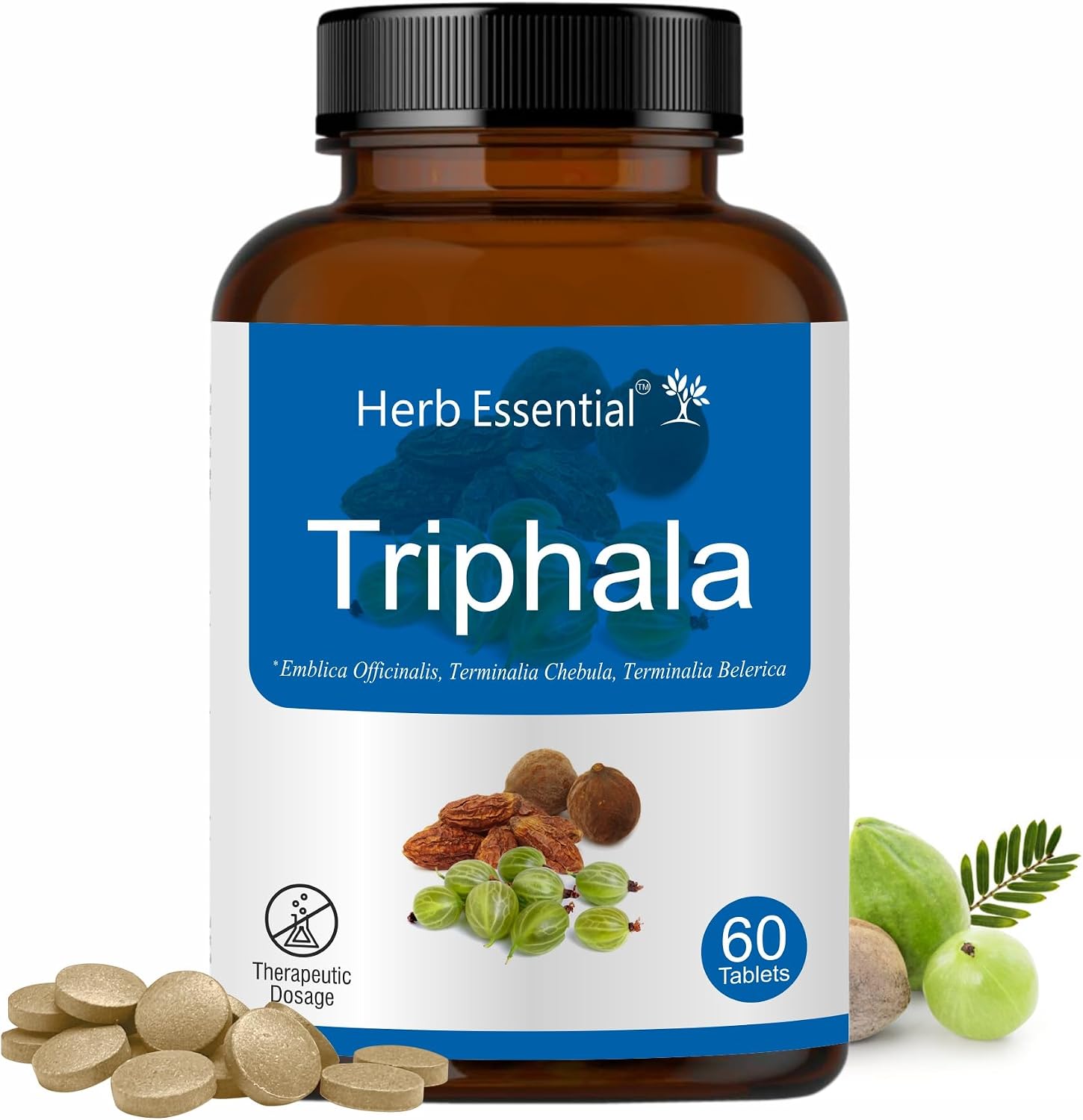 Herb Essential 100% Natural Triphala Tablets 500 mg 60 Tablet Blend of Amla, Haritaki & Bibhitaki, Herbal Supplement, No Added Preservative & GMO, 60 Tablet (Pack of 1)