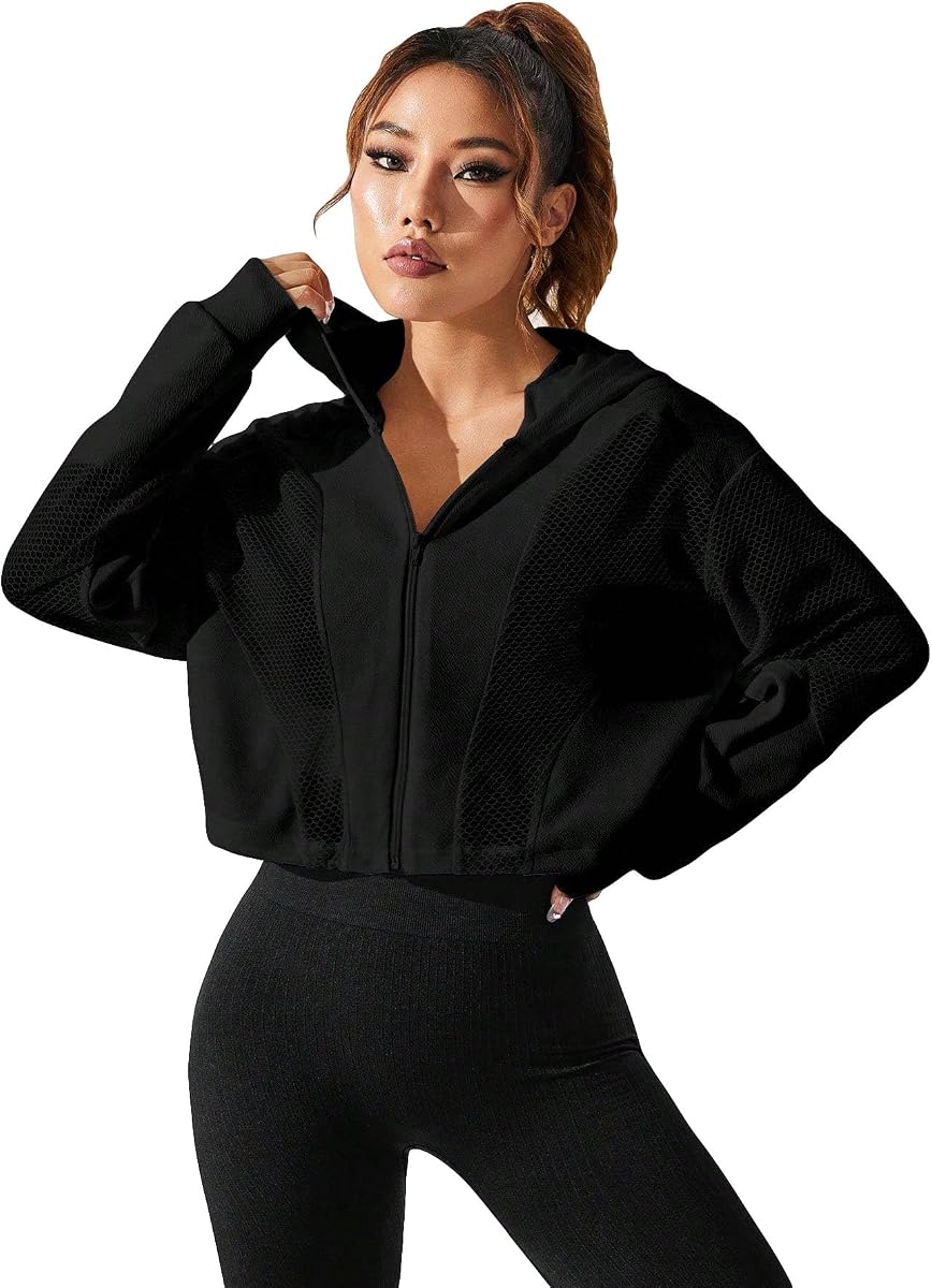 SweatyRocks Women's Zip Up Drawstring Hem Cropped Hoodie Lightweight Jacket | Mesh Sheer Workout Sports Long Sleeve Activewear Windbreaker Coat