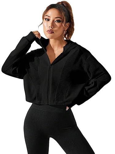 SweatyRocks Women's Zip Up Drawstring Hem Cropped Hoodie Mesh Workout