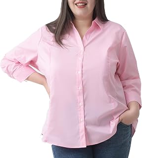 Plus Size 3/4 Sleeve Shirts for Women Button Down Shirts V Neck Women Blouses Tops Business Casual Stretch Shirts