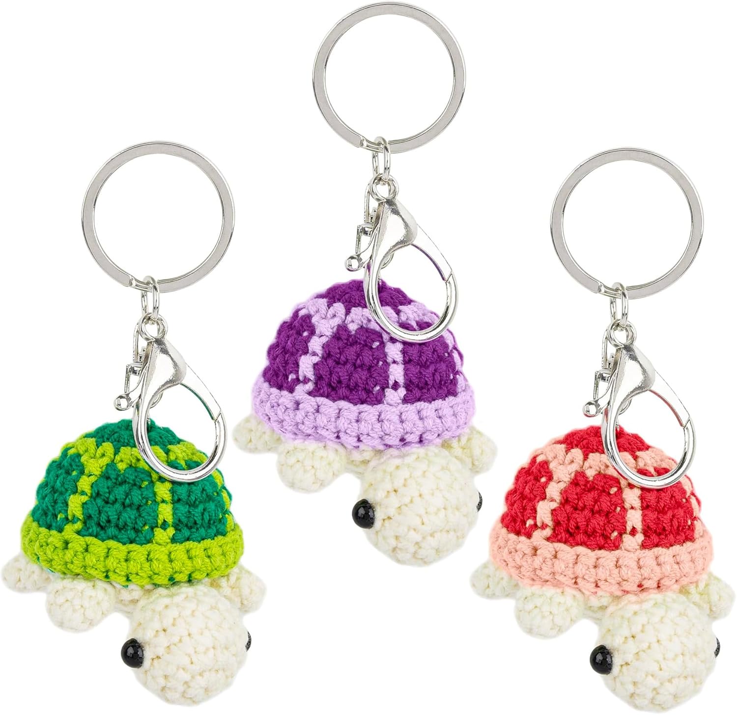 AUEAR, 3 Pack Turtle Crochet Keychain Handmade Knitting Cute Sea Animal Key Ring for Car Key Handbag Decoration (Green & Purple & Pink)