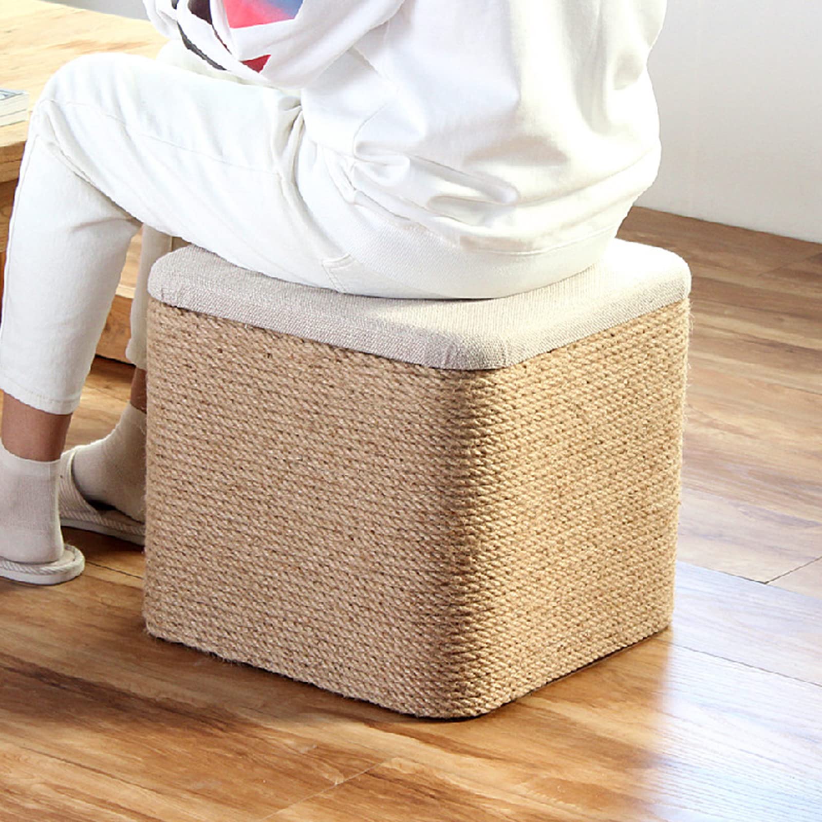 Pouf con portaoggetti salvaspazio in lino, grande pouf con poggiapiedi per corridoio per soggiorno e camera da letto, pouf fatto a mano in rattan naturale, 40x40x4