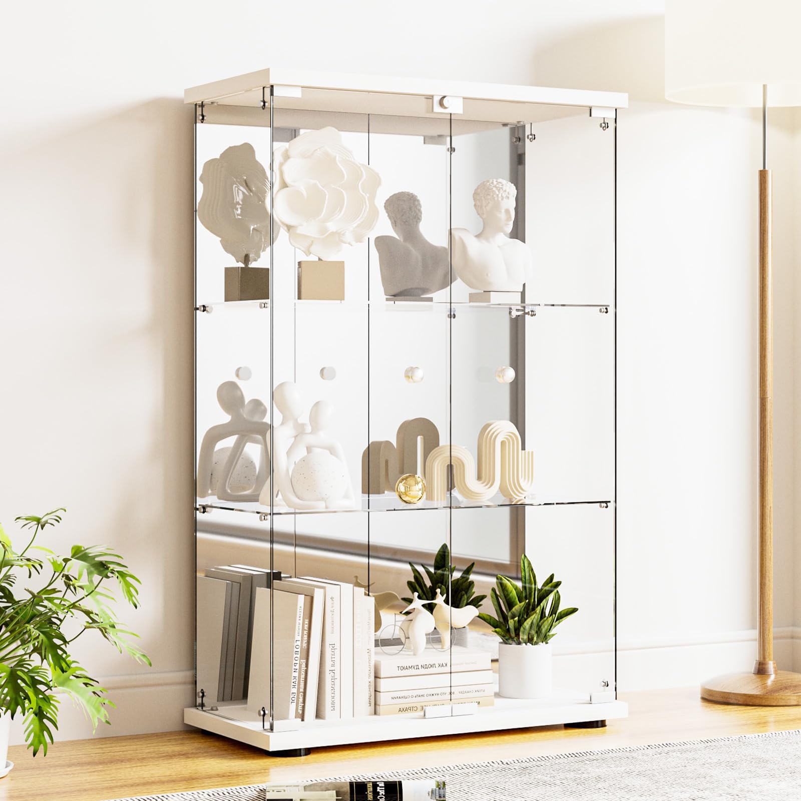 Glass Display Cabinet 3-Shelf with Door, Lock and Mirror,5mm Tempered Glass Floor-to-Ceiling Glass Bookcase for Bedroom, Living Room, White