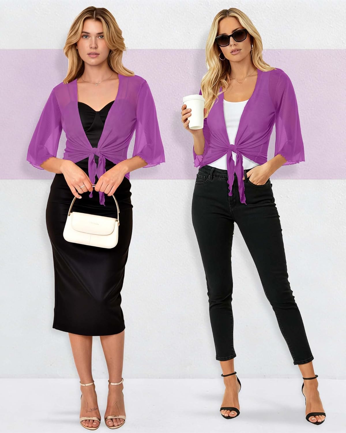Women's Short Cardigan Bolero Shrug Sheer Tie Front Top 3/4 Sleeve Jacket for Dress - Image 3